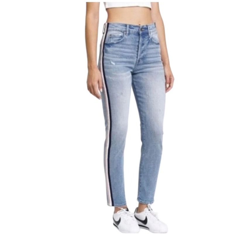 Pistola Nico High Rise Straight Leg Mom Jeans Metallic Stripe Size 27